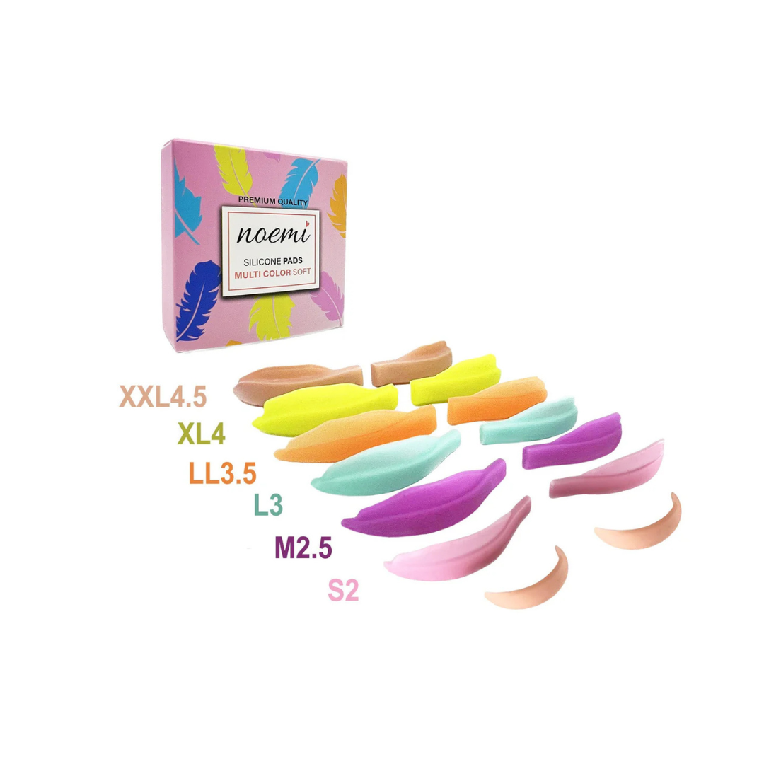 Set 6 paires pads silicone ultra-fins Noemi Multi Color Soft pour lash lift – tailles S à XXL, code couleur, autoadhésifs sans colle