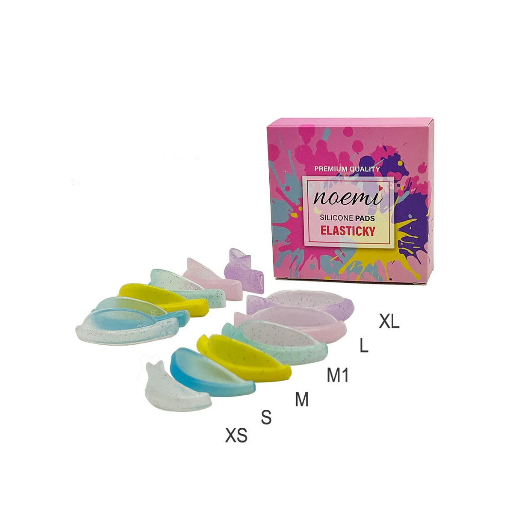 Set 6 paires pads silicone Noemi Elasticky pour lash lift – tailles XS S M M1 L XL, autoadhésifs sans colle, finition mat colorée